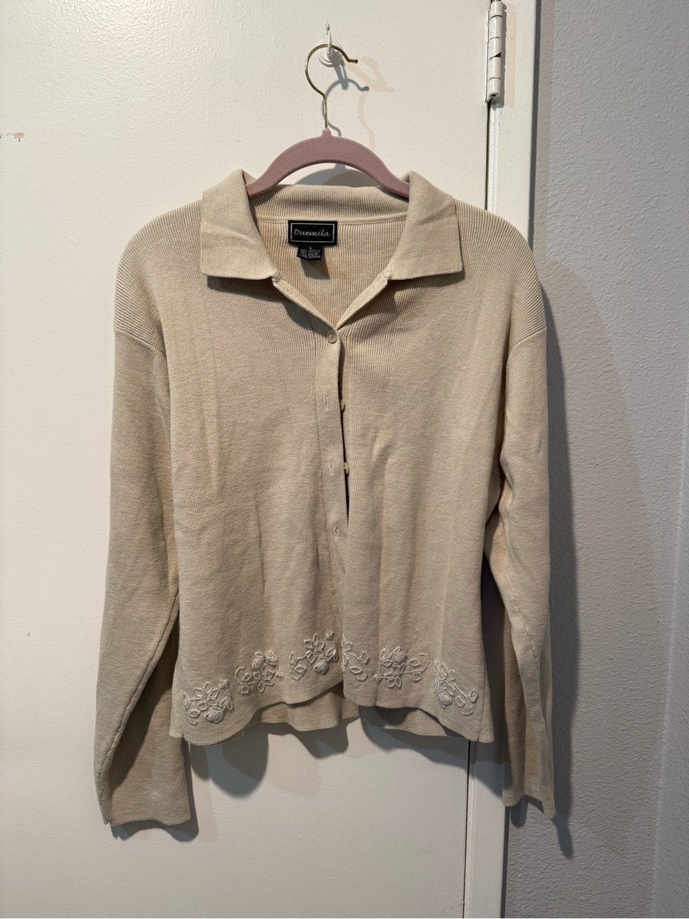 Beige Embroidered Collared Knit Sweater